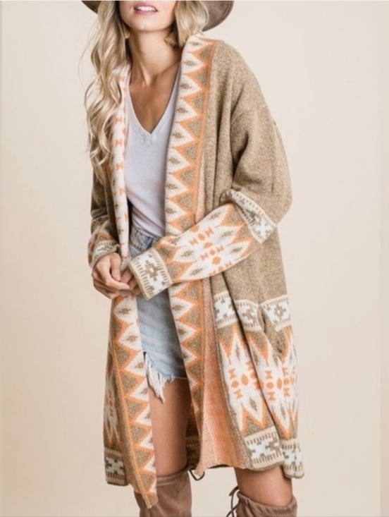 BiBi Sweaters - BiBi Aztec Tribal Open Front Cardigan Duster Boho Southwest Orange Taupe Size Sm
